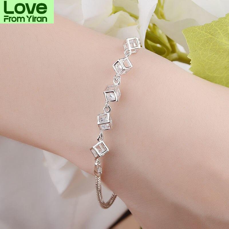 925 Sterling Silver Lucky Bracelets Cuff Cube Box Fashion Charm Chain Bangle Women Ladies Girls Jewelry Gift Silber Pulseiras