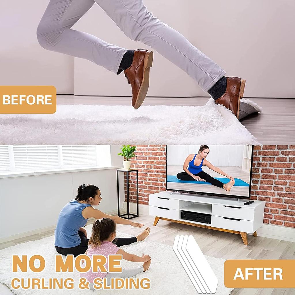 Rug Tape,16 Pcs Dual Sided Washable Removable Rug Stopper for Area Rug, Non Slip Adhesive Prevent Curl for Hardwood Floors and Carpet Corners