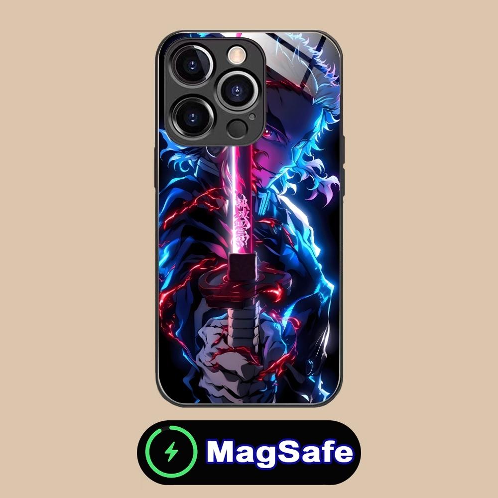 Demon Slayer Colored Neon Phone Case for iPhone 16 15 14 13 12 11 Pro Max Plus Mini MagSafe Wireless Charging Glass Phone Cover