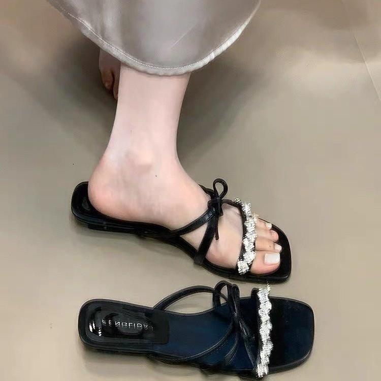 Low-heeled rhinestone bow slippers for women's summer wear 2025 new fairy style with skirt high-end sandals