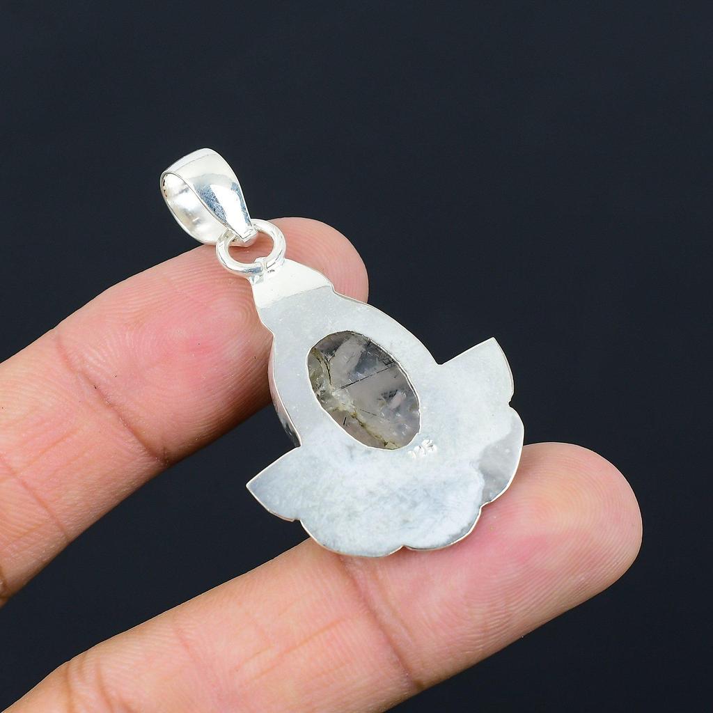 925 Silver Oval Natural Black Rutile Anniversary Wedding Wife Engagement Pendant