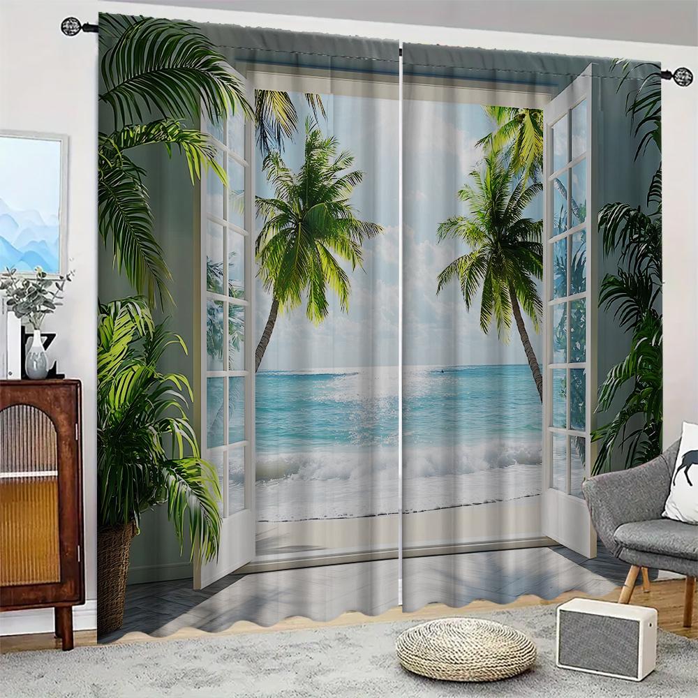 2PC Home Seaside scenery Curtains With Landscape Background And Pole Pocket Curtains, Kitchen, Coffee Shop, Living Room, Bacony
