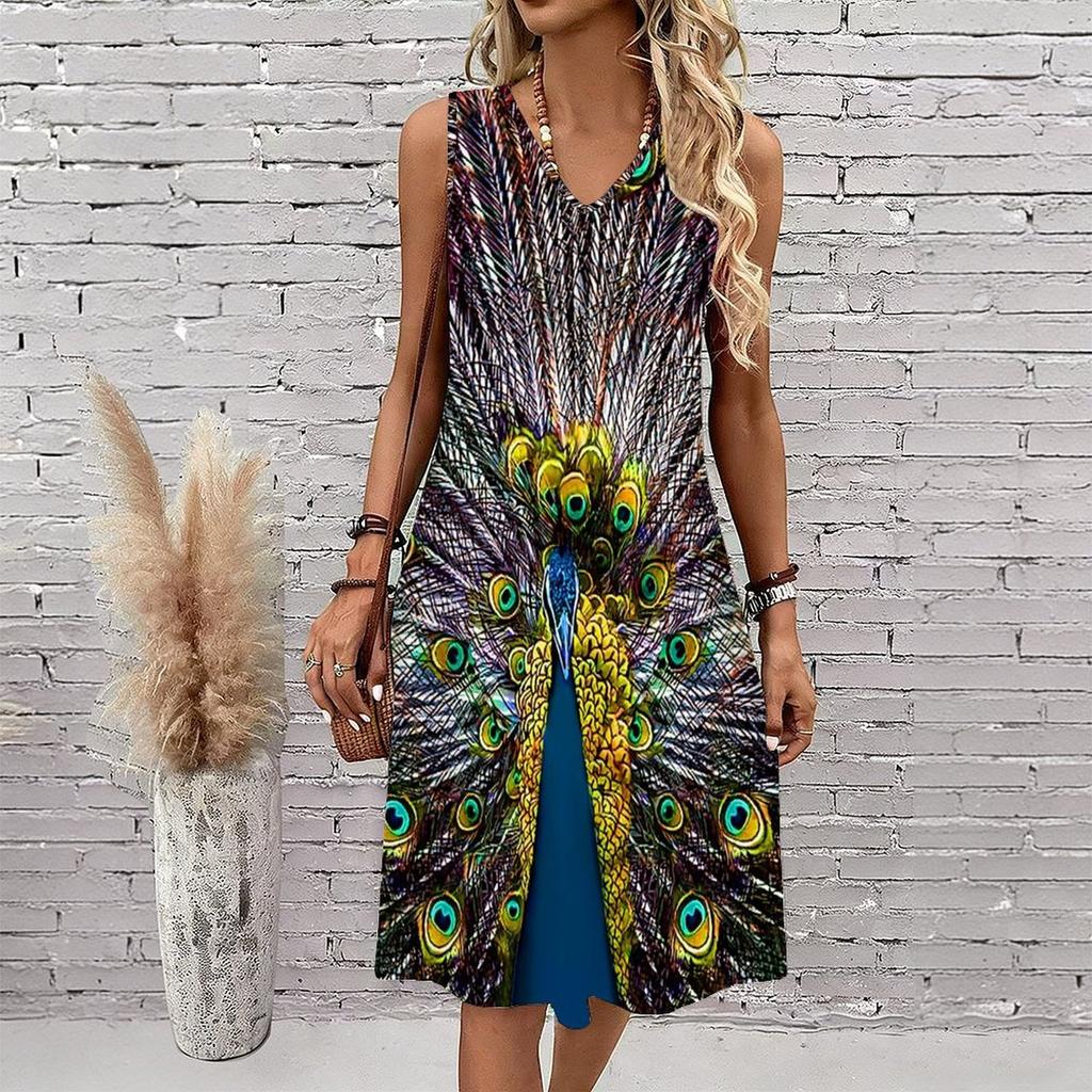 Plus Size V Neck Sleeveless Dress Misty Mountains Waterfall Art Print For Mountain Vacation Trip