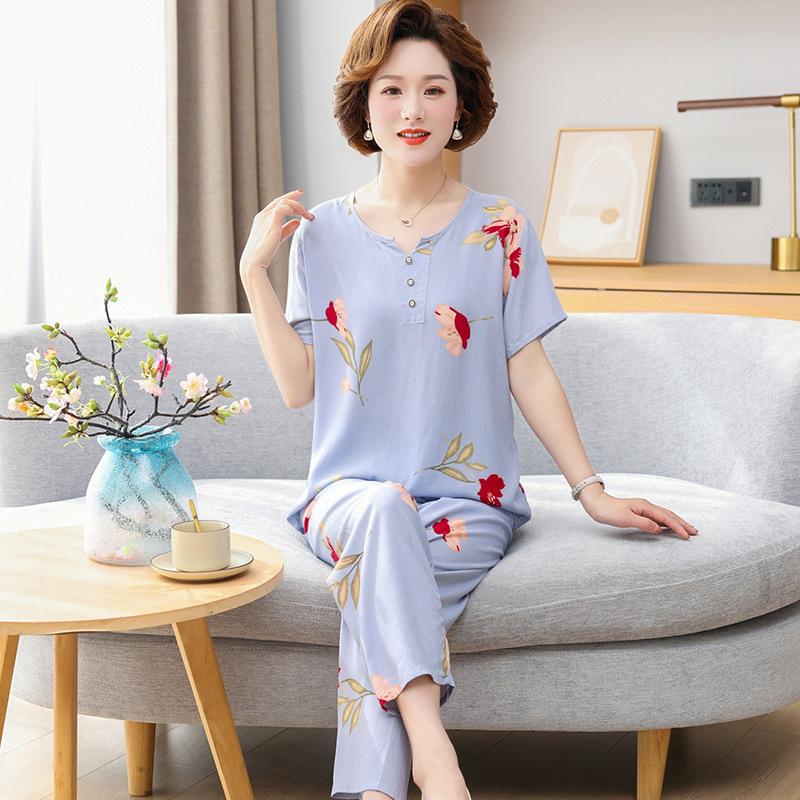 

Пижама из хлопка и шелка для женщин среднего и пожилого возраста, летний костюм с короткими рукавами, летний костюм из хлопка и шелка для мам и женщин, домашний сервис 3XL