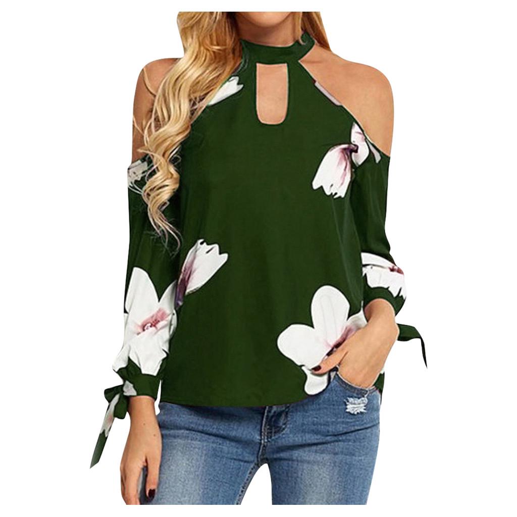 

(SU)Женская блузка с открытыми плечами и принтом, женская повседневная рубашка с длинными рукавами