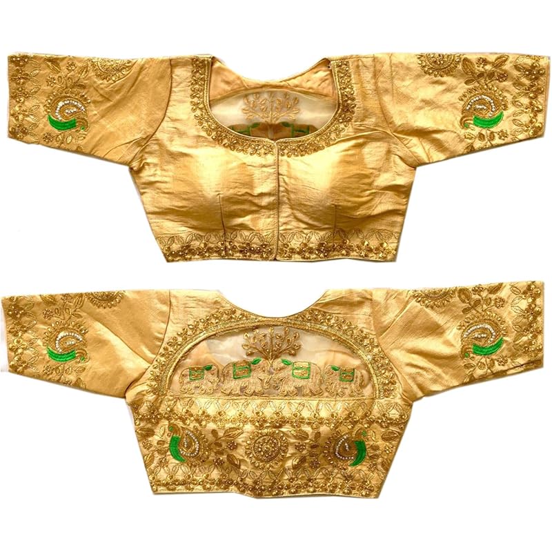 Pujia Mills Women's Phantom Silk Elephant Half Sleeve Saree Blouse (Gold, 38)