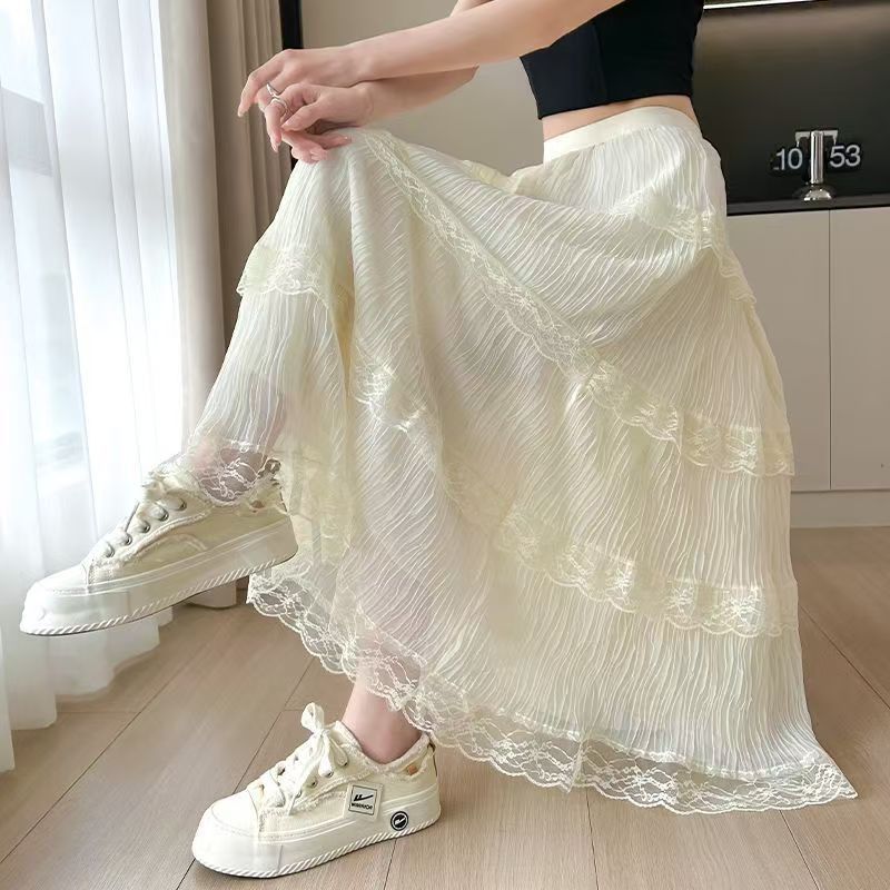 Women's Spring Lace Paneled High-Waist Tiered Cake Maxi Skirt - Slim-Fit with Ruffled Trim & Sweet Romantic Aesthetic