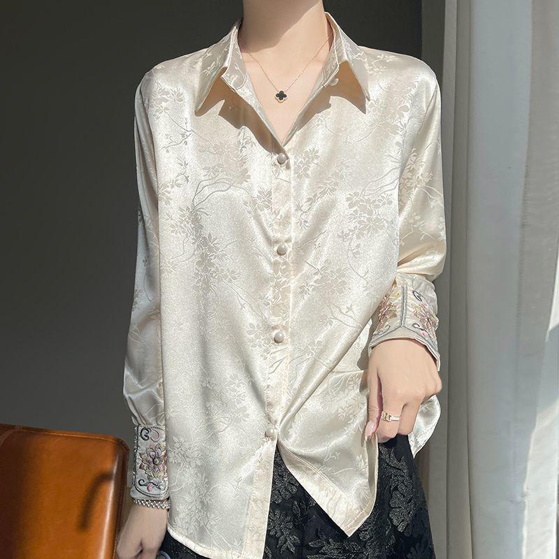 Women Embroidered Satin Shirt Turn Down Collar Long Sleeve Floral Jacquard Casual Blouse
