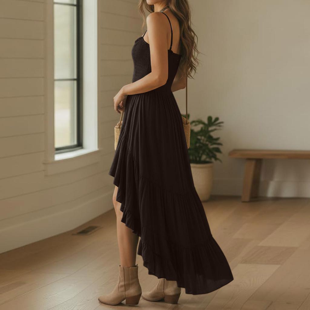 Women's Vintage Elegant Strapless Dress with Smocked Bust , Cinched Waist and Irregular Ruffle Hem