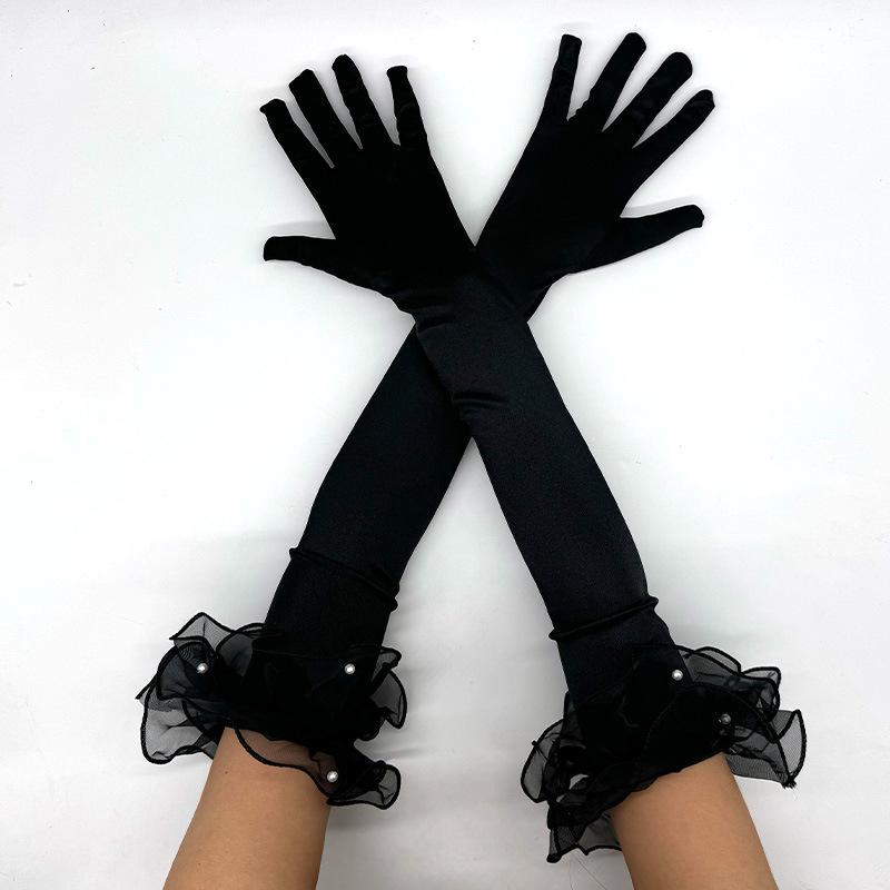 

55см Сатиновые Длинные Перчатки Жемчужные Воланы Манжеты Перчатки для Свадебного Платья Аксессуары для Костюмов для Танцев Вечеринок Сценических Выступлений