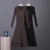 POLO neck knitted big swing skirt, European and American slim-fitting waist medium and long skirt women's knitted dress women