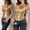 Women Metallic Glossy Half-Neck Slim Crop Top Short Sleeve T-Shirt