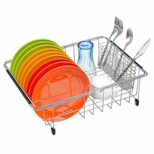 SANNO Expandable Dish Drainer, Sliding Dish Drainer, Kitchen Rack with Cutlery Holder, Stainless Steel