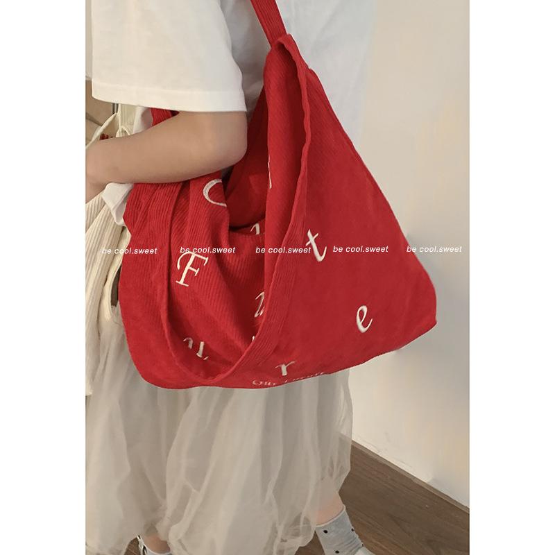Korean Version of Embroidered Letter Corduroy Large Bag Women's 2025 New Tote Bag Student Class Large-capacity Crossbody Bag