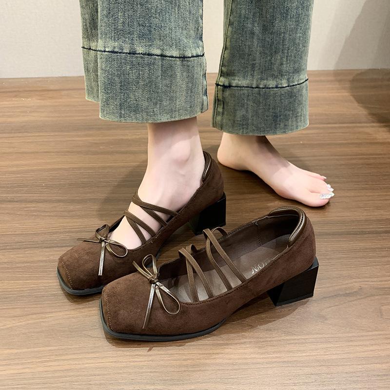 

French square head ballet single shoes small leather shoes 2025 new bow light mouth retro thick heel Mary Jane shoes women 42