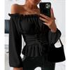 New Fashion Women Spring Shirt Ruffled Lace Collar Neckline Waist Strap Chiffon Blouse Off-Shoulder Long Puff Sleeve Sweet Tops Plus Size