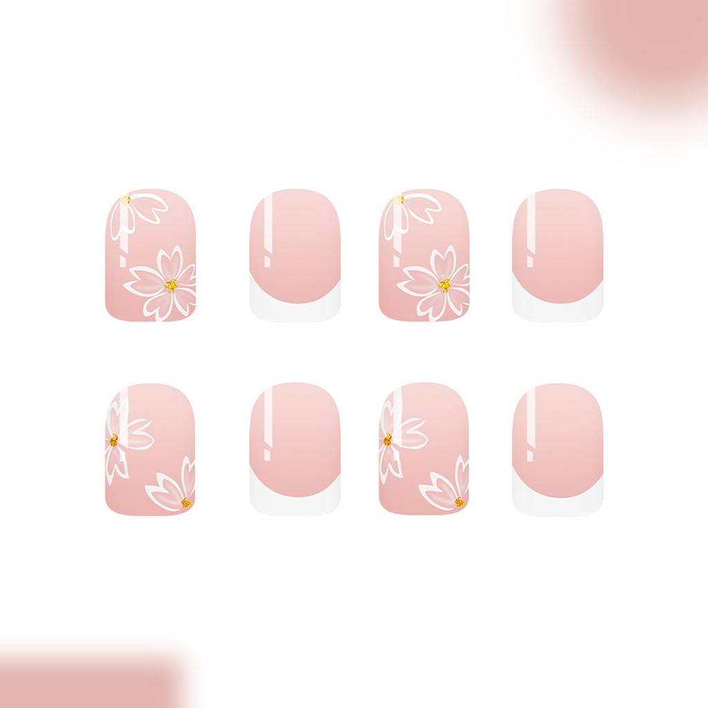 24 Piezas de Uñas Postizas a Presión Estilo Francés Floral Cuadradas Cortas para Punta de Dedo Elegante con Acabado Brillante