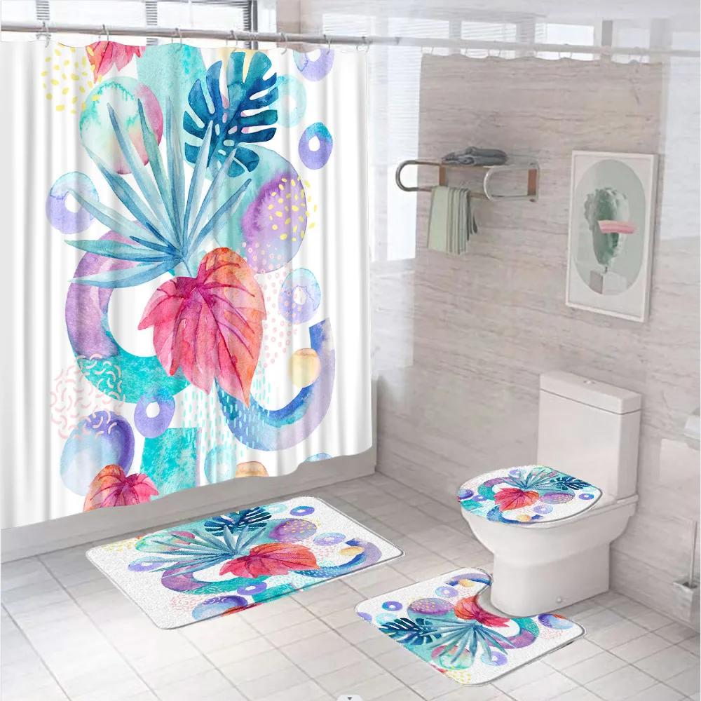 Watercolor Plant Floral Shower Curtain Set Country Wild Flower Leaves Bathroom Decor Screen Non-Slip Bath Mat Toilet Rug Carpet
