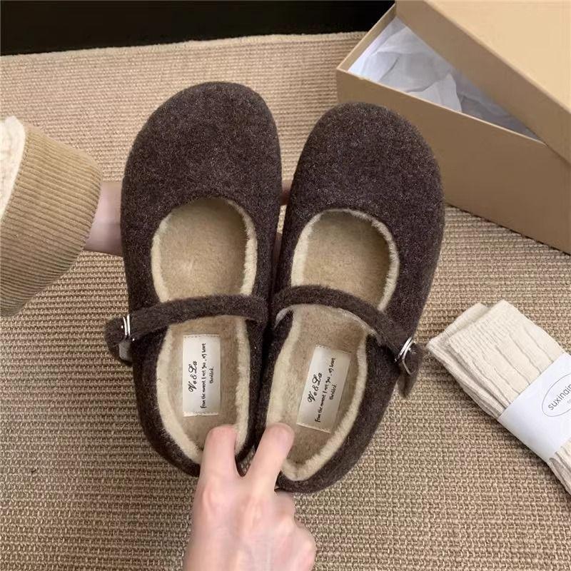 Fashion Buckle Strap Ladies Mary Janes Flats with Fur Shoes Round Toe Female Plush Footwear Women Flats Warm Shoes