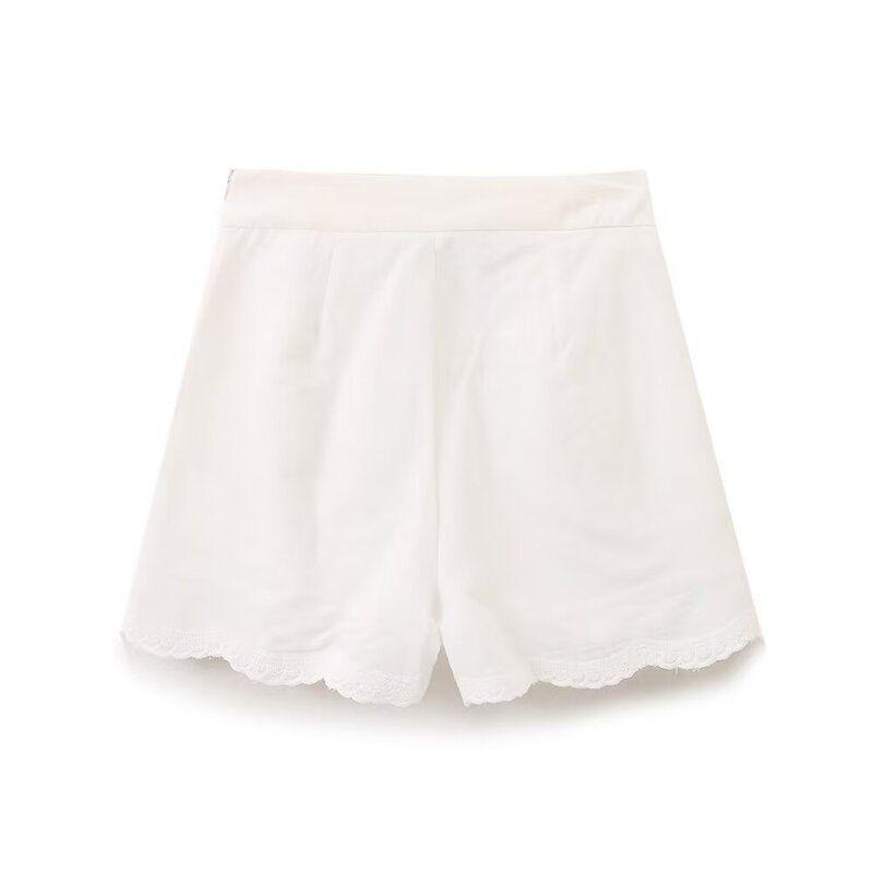Fashion Style 2024 Autumn New Women's Clothing Stylish White Hollow-out Print High Waist Shorts 2731242