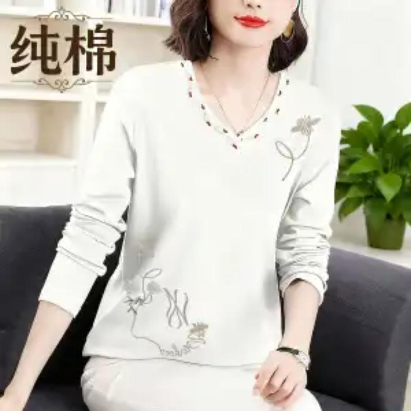 Bluze la modă cu mânecă lungă pentru femei Tricouri cu flori brodate cu decolteu în V Slim Fit și pulovere noi de toamnă