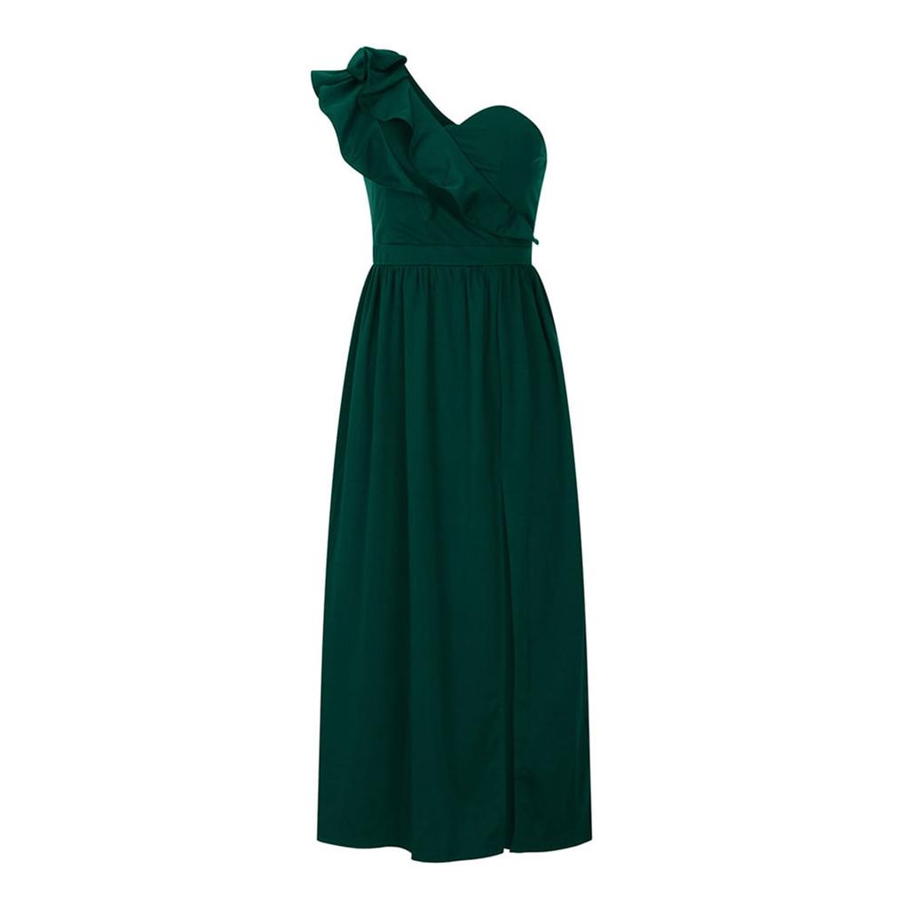 Women One Shoulder Sleeveless Maxi Dress with Side Slit and Ruffle Detail Elegant Evening Gown for Casual and Formal Occasions