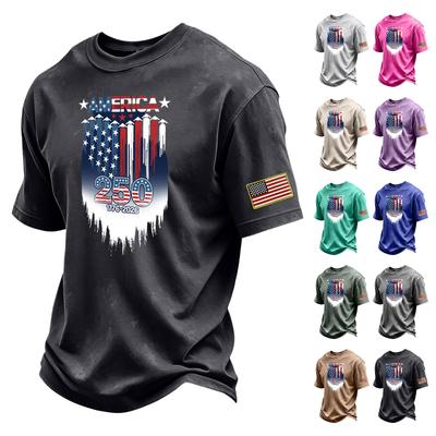 Men's Vintage Washed Short Sleeve Crew Neck T-Shirt with Patriotic Graphic Print and Sleeve Flag Patch Casual Fit