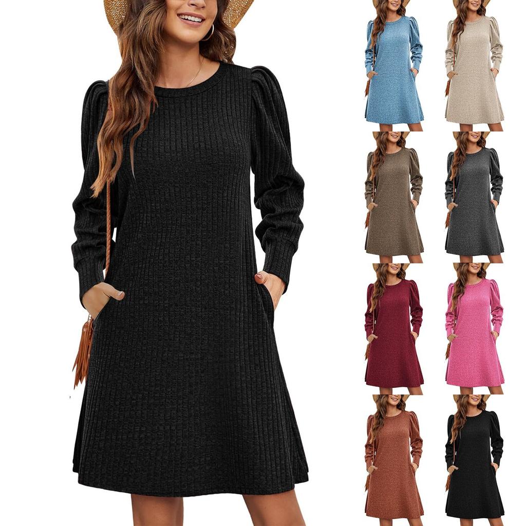 Vestido de Suéter Casual para Mujer Vestido de Verano de Punto de Invierno con Bolsillos Túnica de Manga Larga Ropa Mantener Caliente Vestidos Midi