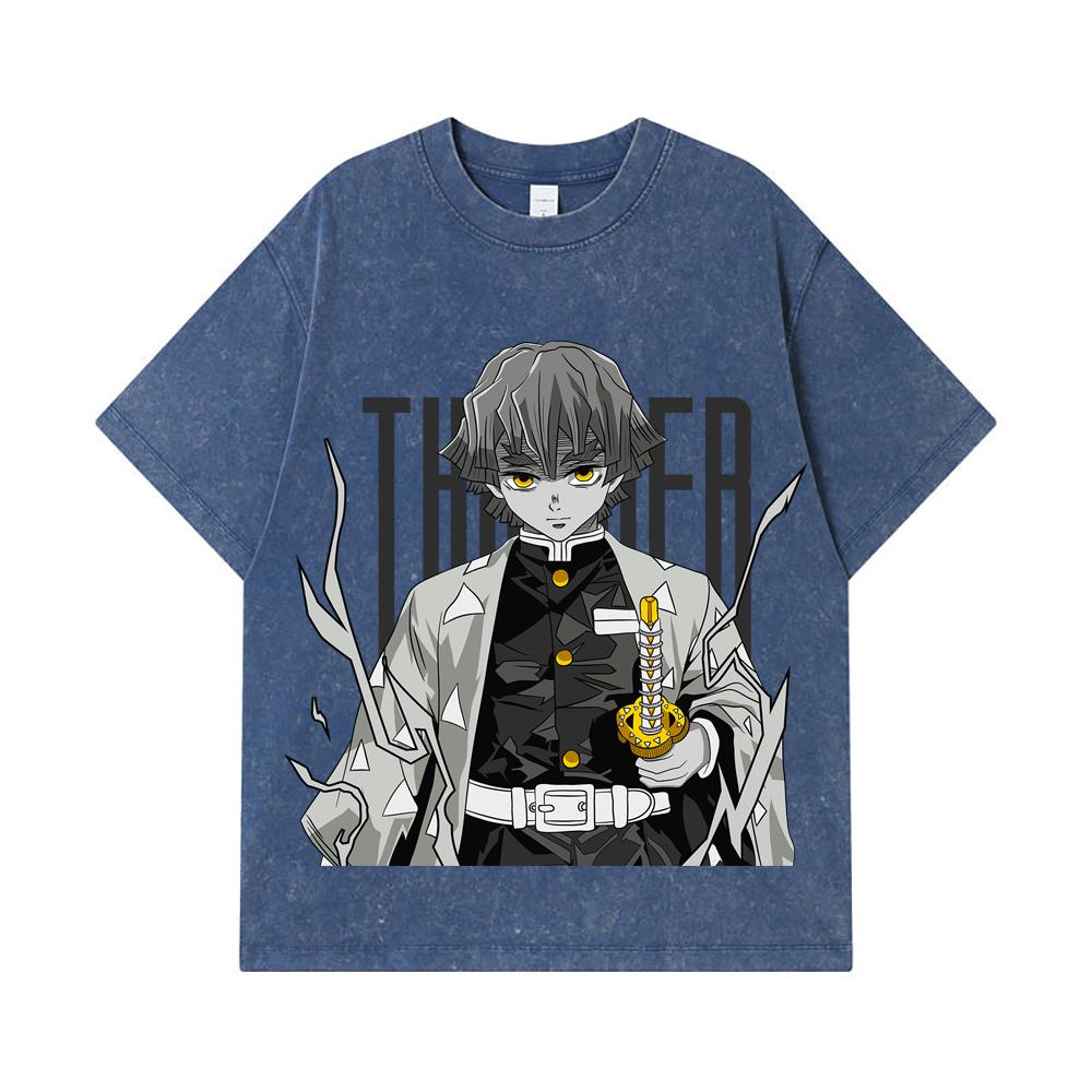 

275 GSM Washed T-shirts 100% Cotton Demon Slayer V67 Zenitsu Print Unisex Heavy Cotton T Shirt 2XL королівський синій колір
