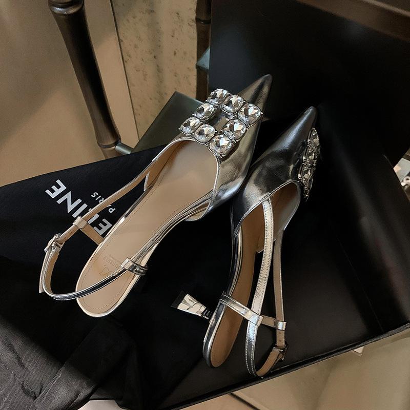 

Туфли на высоком каблуке новые 2025 темперамент овчины острый носок тонкий каблук стразы квадратная пряжка сказочный стиль женская обувь элегантные 39