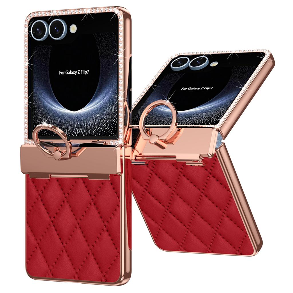 For Samsung Galaxy Z Flip7 5G Case Rhinestone Decoration Ring Holder Rhombus Leather + PC Phone Cover