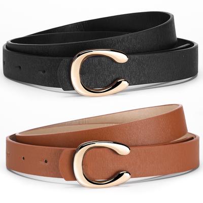 Ladies Belt Alphabet Horseshoe Buckle Dress Jeans Pu Thin Belt