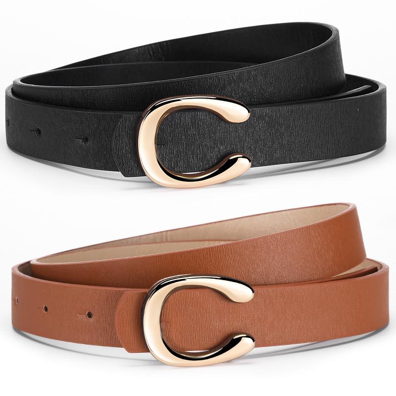 

Ladies Belt Alphabet Horseshoe Buckle Dress Jeans Pu Thin Belt 103*2.4 темно-коричневого кольору