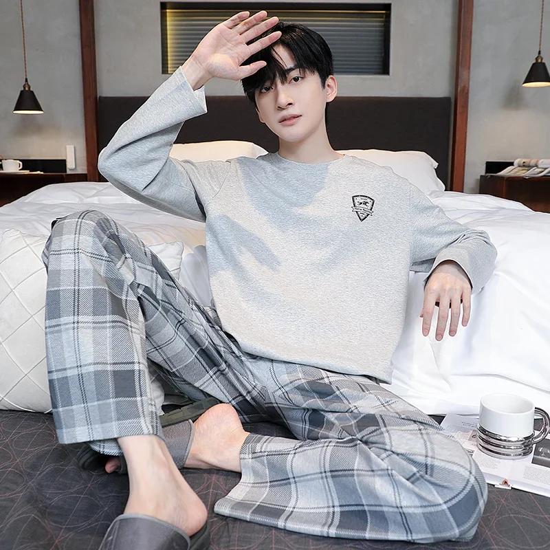 Baumwolle Herren Pullover Nachtwäsche Herbst Frühling Langarm Nachtwäsche 2 Stück Pyjamas Set Männlich