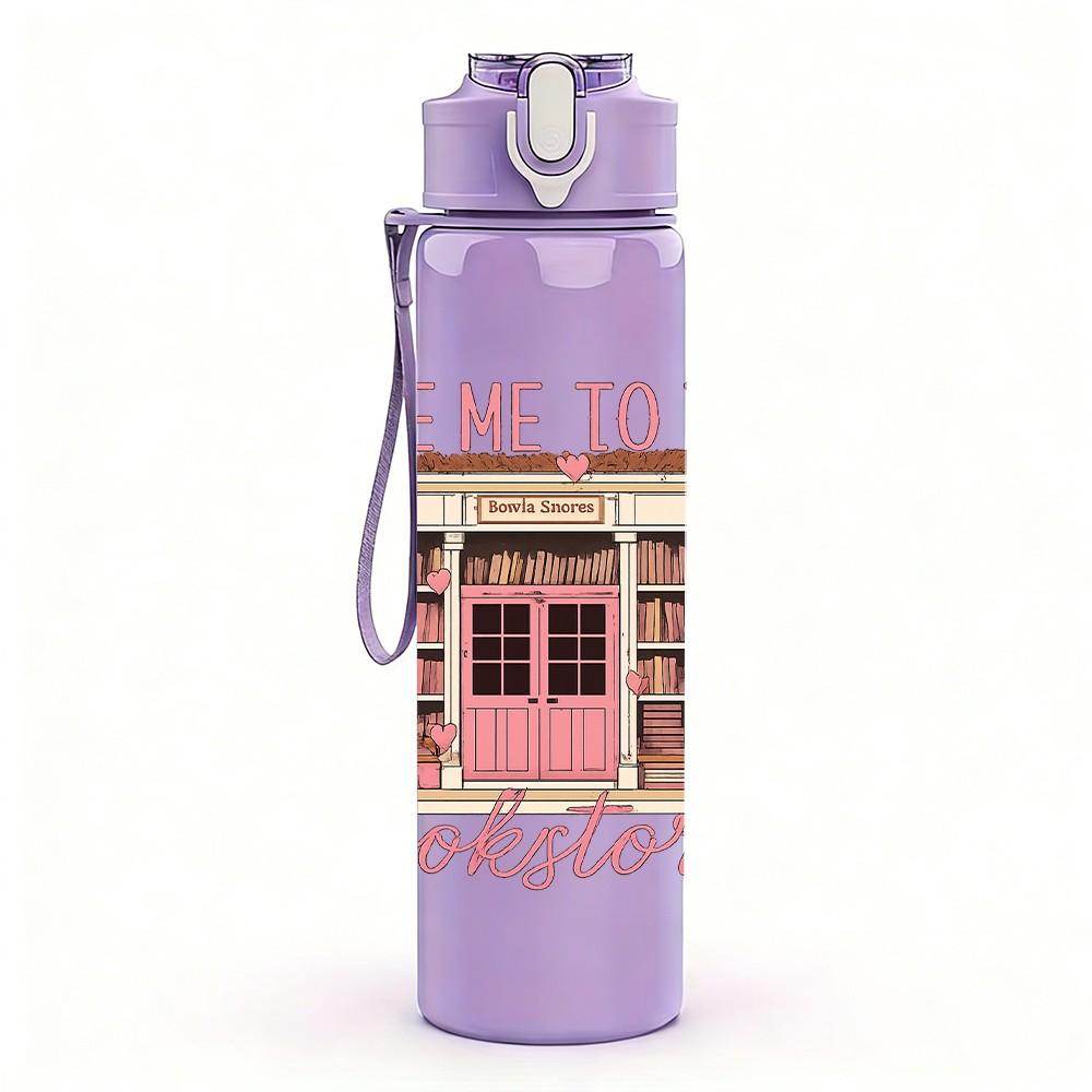 1PC Bookstore Vintage Letter Print 750ml Color Plastic Sports Water Bottle Leakproof Flip Straw Lid Suitable for Sports Office Home Use