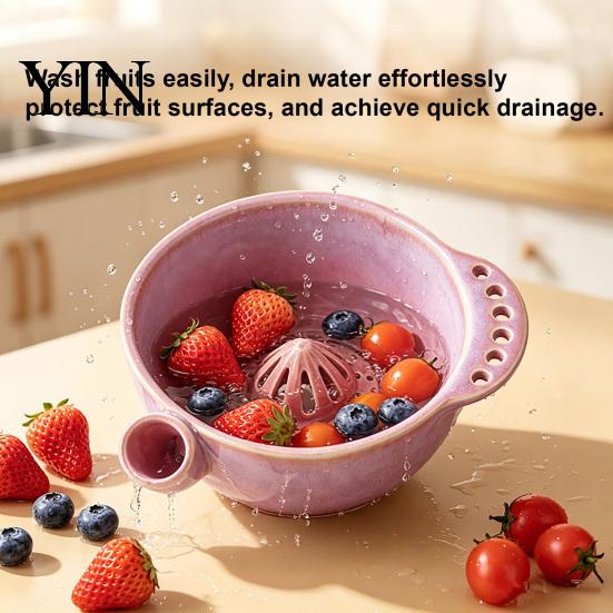 Keramische Voedselbereidingskom Bessen Wassen met Afneembare Sappers Trechter & Afdruiprek, Zelf Afspoelende Fruit Multi-functionele Keuken Gadget Mand