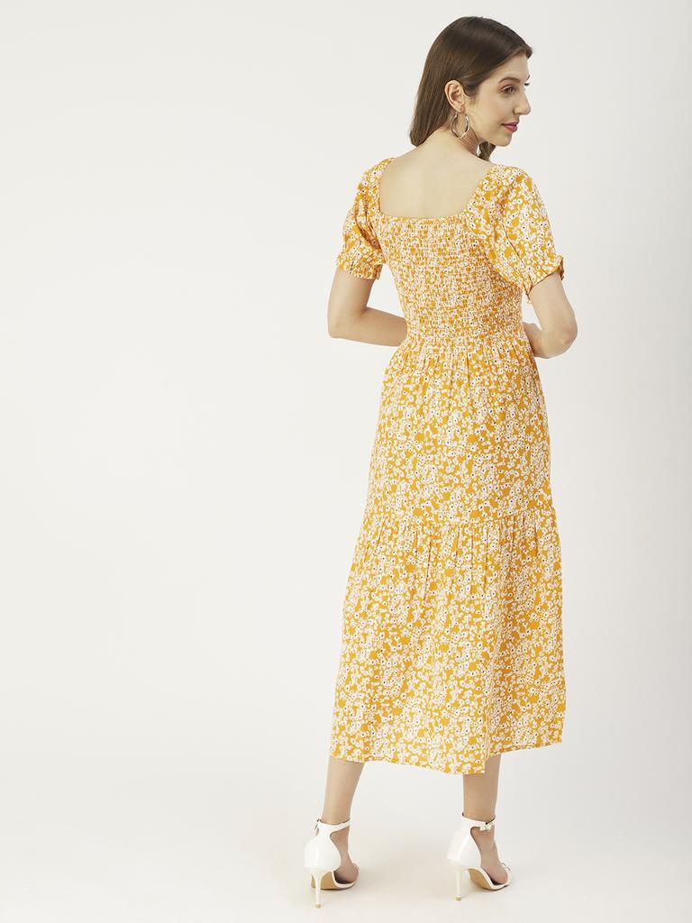Moomaya Printed Viscose Rayon Summer Dress, Square Neck Smocked Long Dress