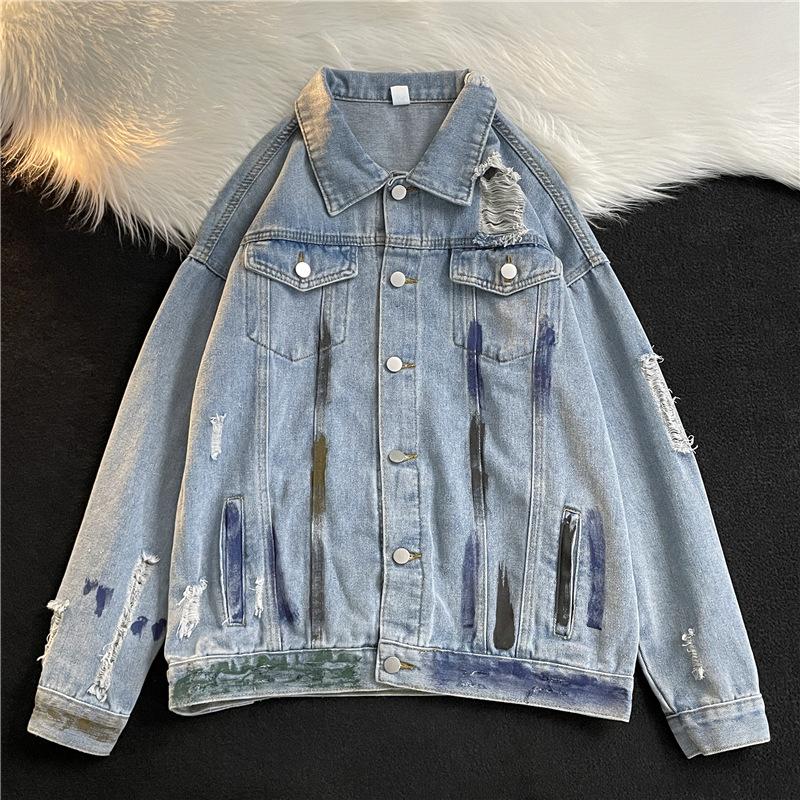 

Весенне-осенняя новая рваная джинсовая куртка мужская повседневная вываренная ретро хулиганская красивая американская молодежная мужская куртка 3XL