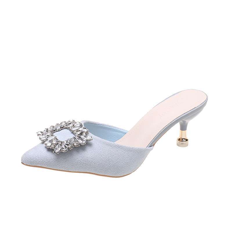 Size 35-43, large size French rhinestone bag head half slippers women's 41 thin heel lazy cool slippers high heel muller shoes 42