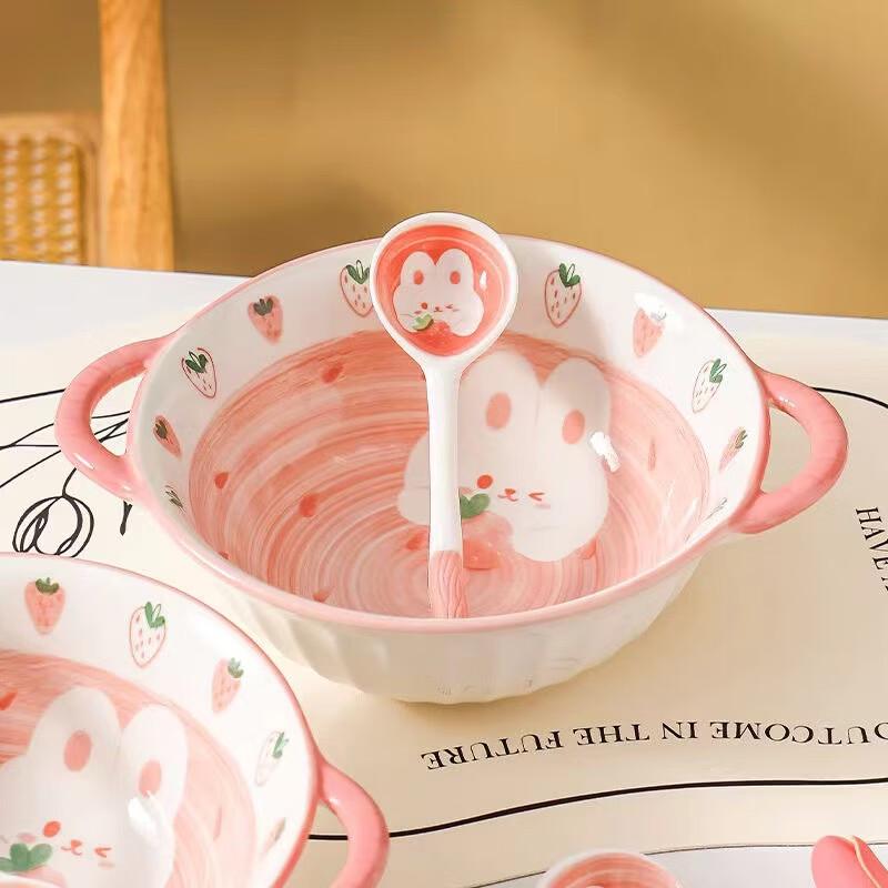 Cute Cartoon Ceramic Double Handle Bowl