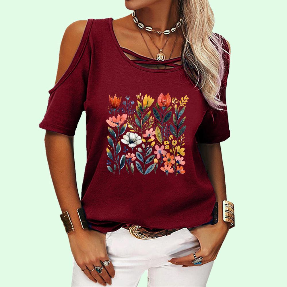Women Fashion Round Collar Top Summer Off Shoulder Tee Shirt Casual Floral Print Short Sleeve T-shirt