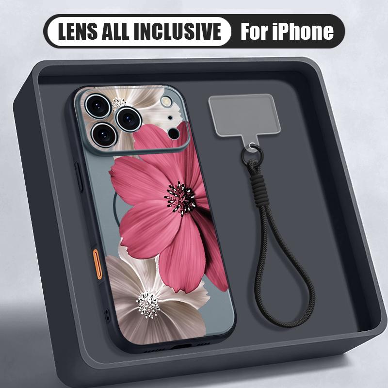 Floral Pattern Hand Strap Case For iPhone 17 Pro Max Hybrid TPU+PC Magnetic For Magsafe Matte Cover For iPhone 16 15 14 13 Pro Max