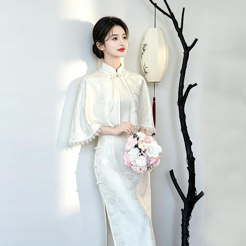 Si Teng white lace national style new Chinese style Suzhou long qipao, improved youth women's high-end shawl set