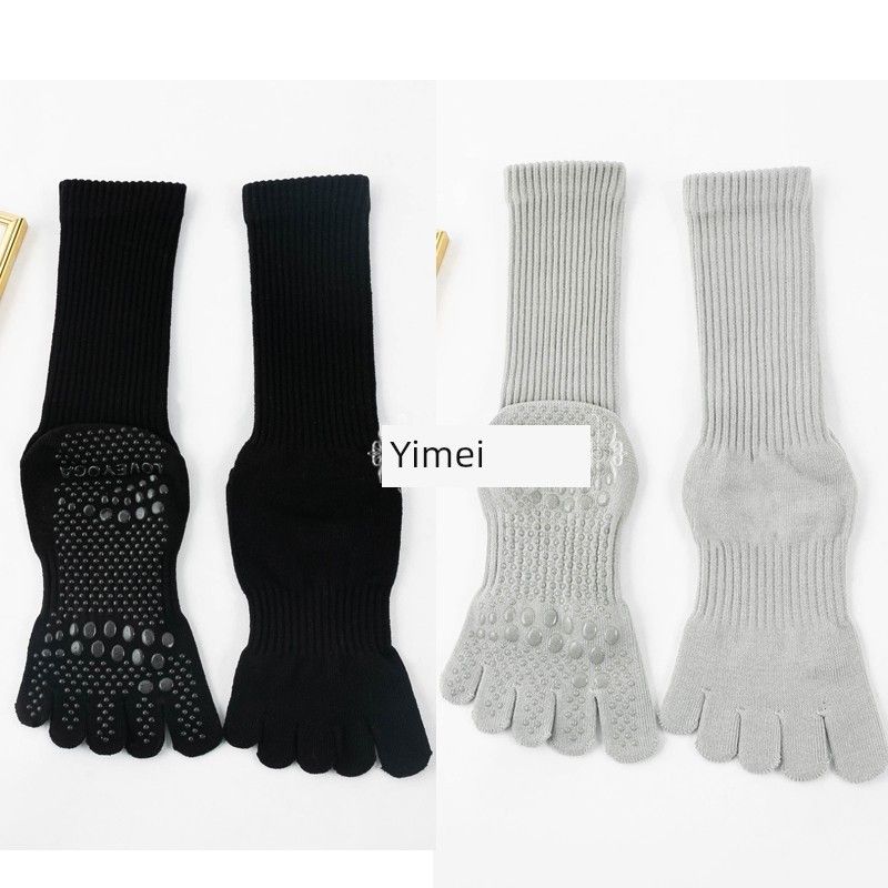 

Long Yoga Socks Professional Five-Finger Pilates Socks Glue Dispensing Non-Slip Knee Socks Spring/Summer Split Toes Fitness Beginner Yahei + light gray