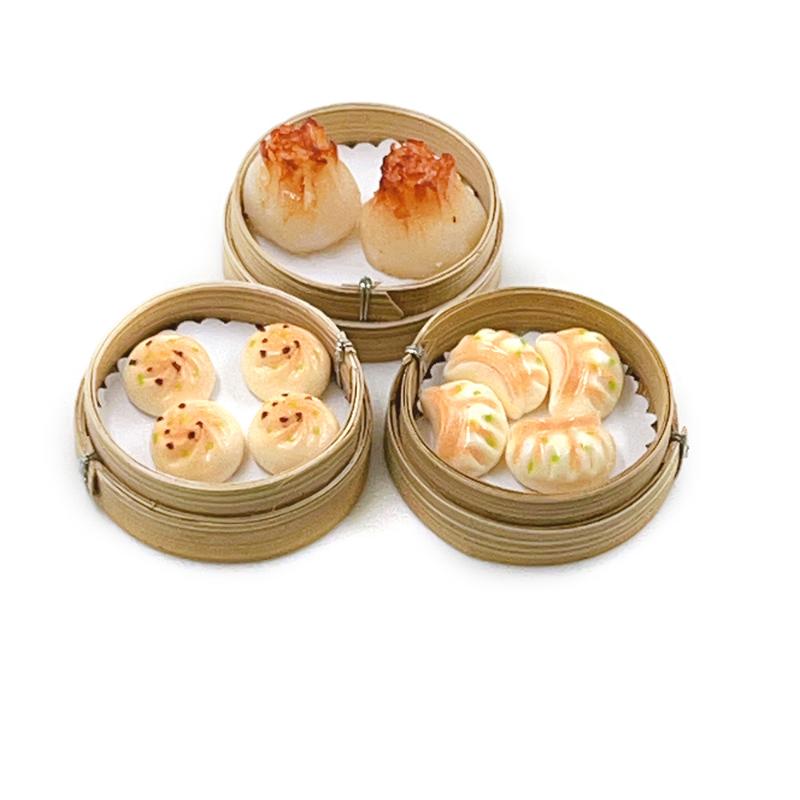 3Pcs 1/12 Scale Mini Simulation Steamer Basket Pan Fry Dumplings Roasted Wheat Model Dollhouse Kitchen Decoration Toys