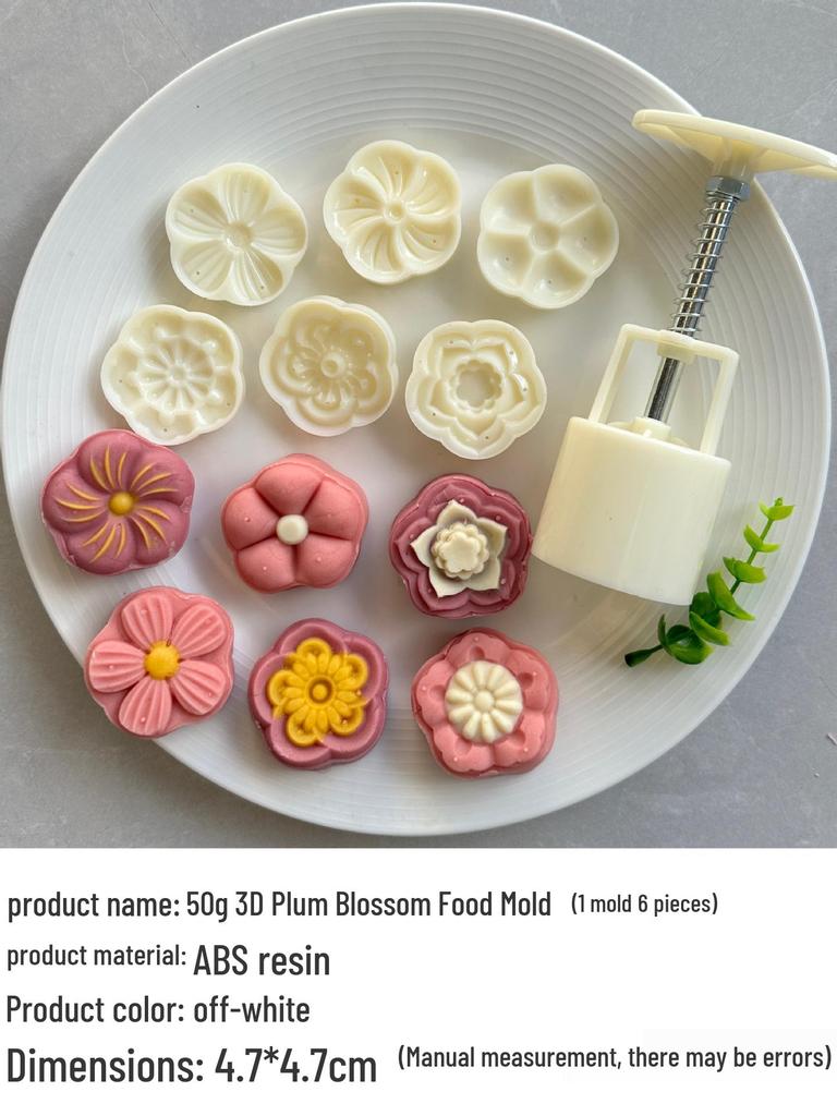 Set of 6 Plum Blossom Mooncake Molds - 50g, Hand-Pressed, 3D, Five-Petal, Six-Branch Design