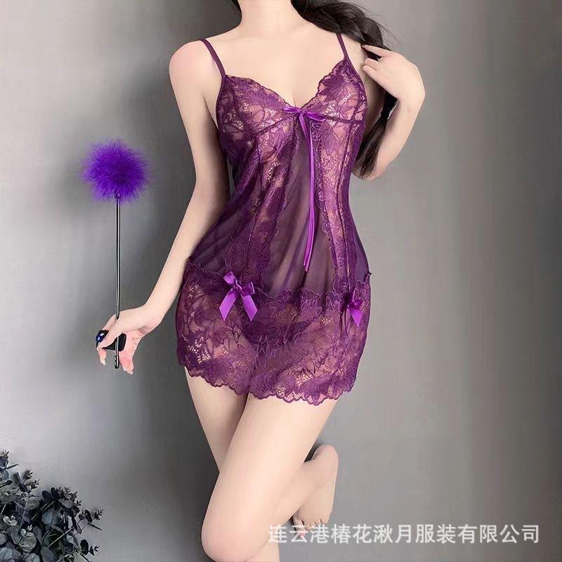 Sexy Lila Charme Zarte Ehefrau Sexy Hohlspitze Mesh Träger Schöner Rücken Suspender Pure Desire