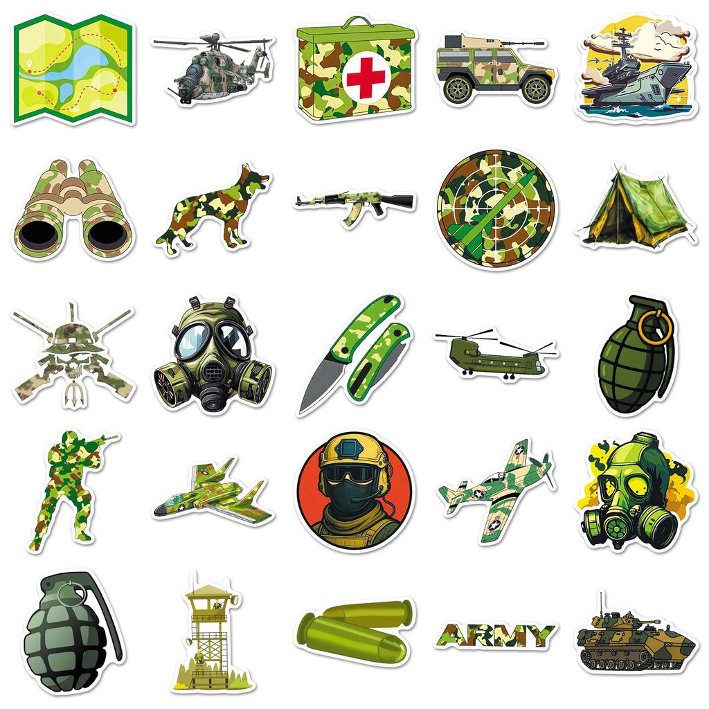 50 Military Equipment Cartoon Stickers: Creative, Trendy, and Fun Designs for Headphones, Refrigerators, and Power Banks.