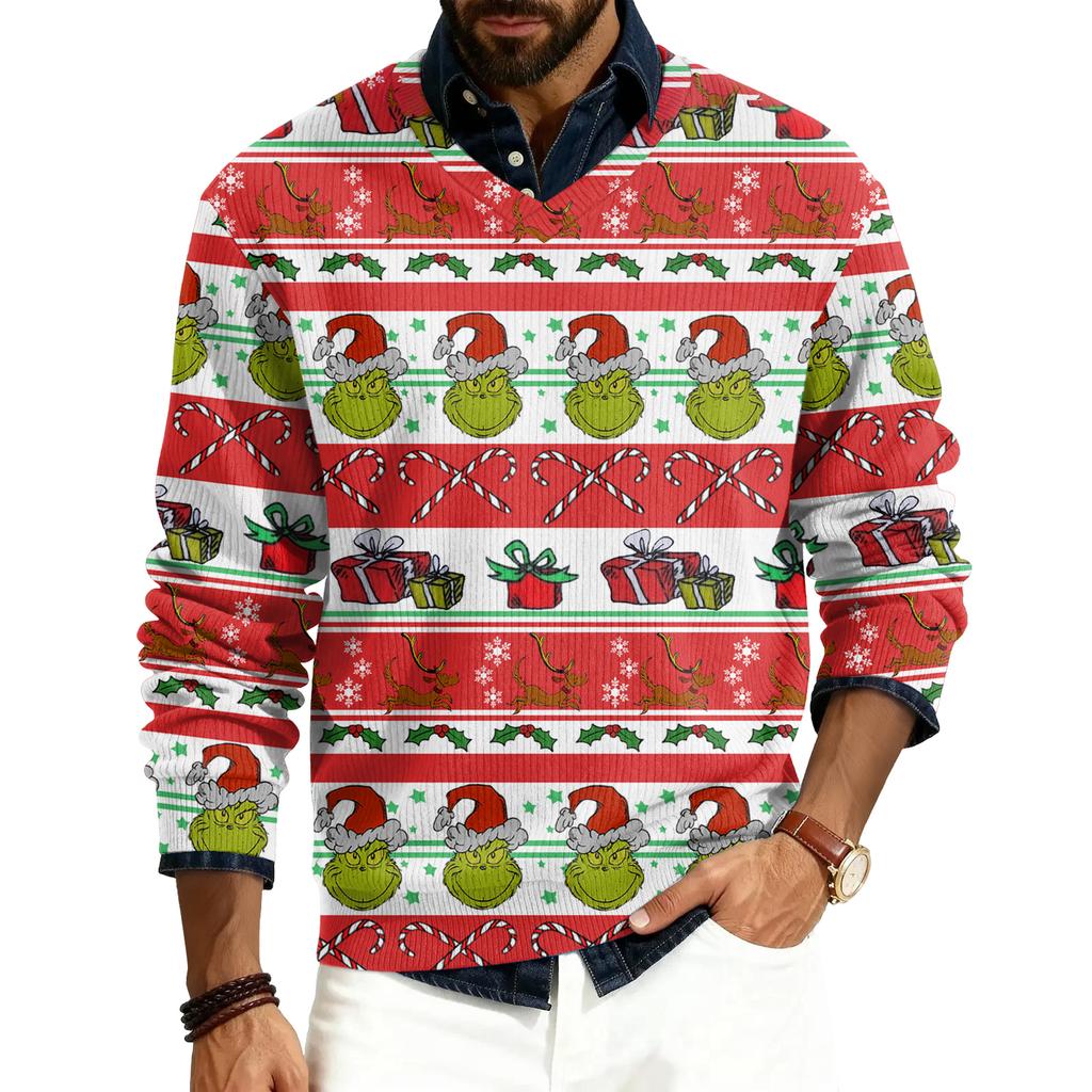 Men's V-neck Long Sleeve Ribbed Knit Pullover