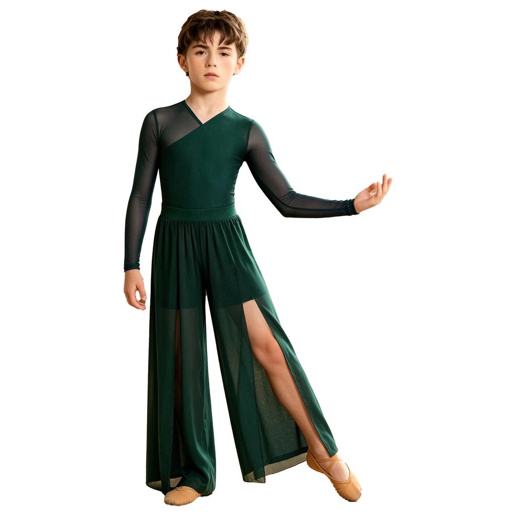 Boys Lyrical Dance Outfit Long Sleeve V-neck Back Invisible Zipper Bosyduit with Split Mesh Pants